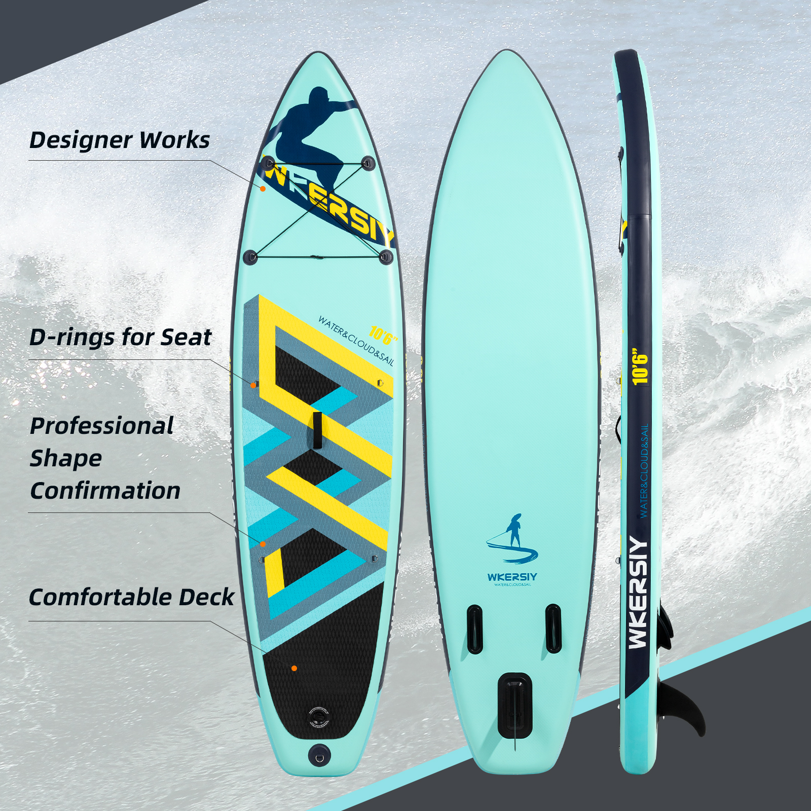 10ft6in Light Cyan Inflatable SUP Package | Unique Artistic Design, Ultra-Durable & Adventure-Ready for Lakes & Rivers - Image 4