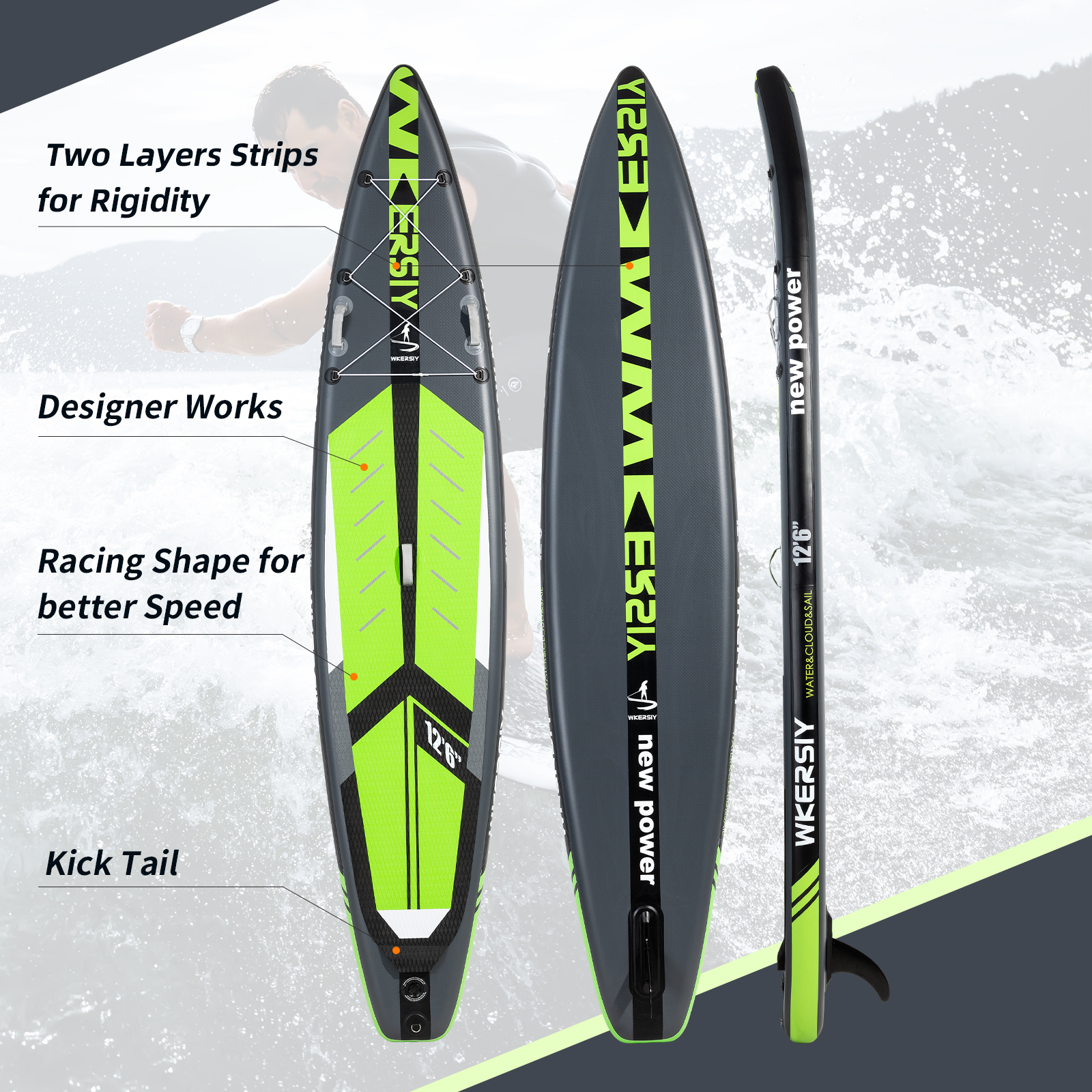 12ft6in Green Racing SUP | High-Speed Design, Pro Performance & Long-Distance Cruising - Image 4