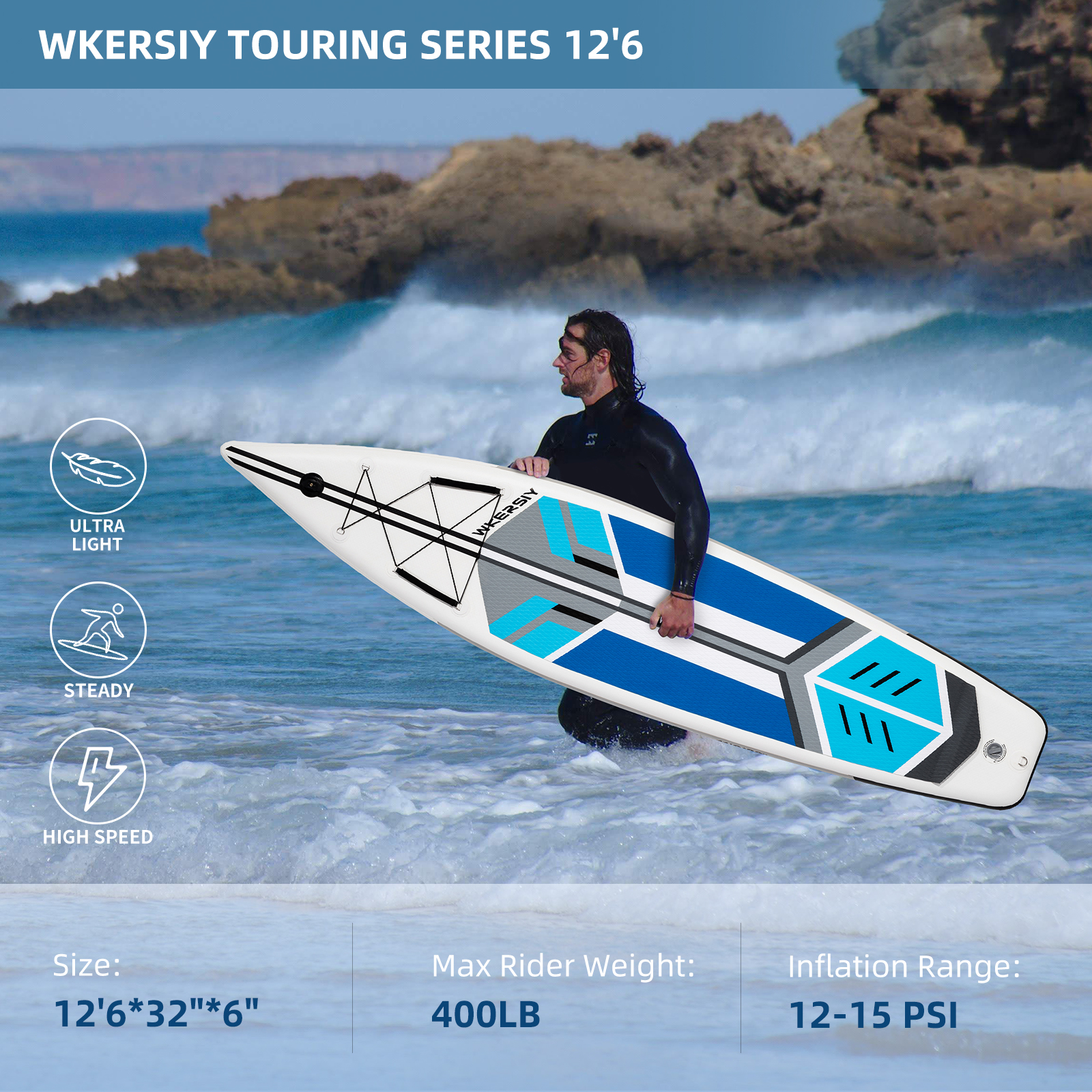 12ft6in Blue Touring SUP | Extended-Length Stability, Ultra-Comfort & Camera-Ready Cruising Design - Image 3